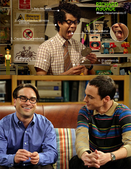 ¿Se puede ser más grande?... (Moss, The IT crowd, arriba). Pues puede que sí: Sheldon (Big Bang, derecha abajo), en su 